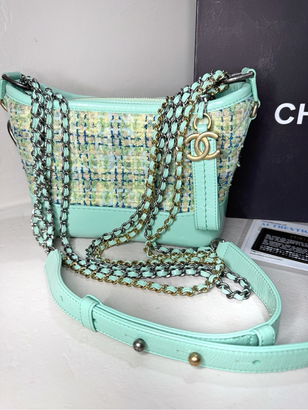 Chanel Gabrielle Excellent Bag Tweed Authentic With the Card, Box, EUC